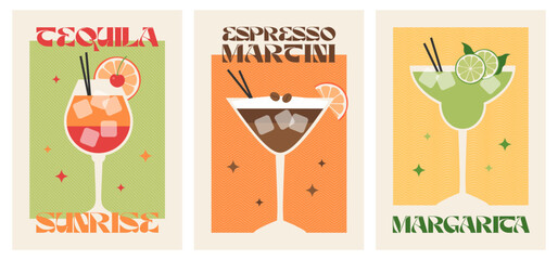 Poster drink set. Cocktail arts. Retro posters with alcohol cocktails. 90s 80s 70s groovy posters. Modern trendy print. Drink with fruit and ice.
