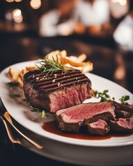 perfectly grilled steak on white plate  at luxury restaurant, bright background  