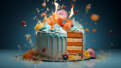 A birthday cake with icing and candles, in the style of dark amber and sky-blue, octane render,...