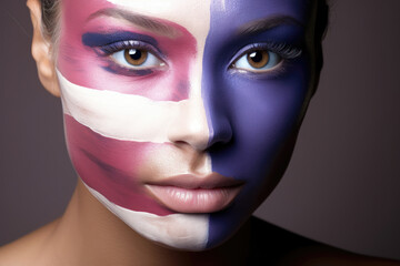 Half-face makeup in transgender pride flag colors, a striking look with deep gaze on a muted background.