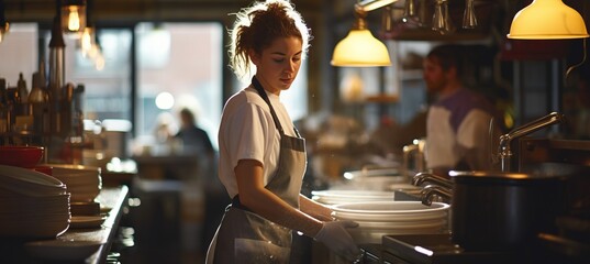Close up of white tableware and woman washing dishes in bright industrial kitchen with copy space