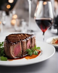 perfectly grilled steak on white plate  at luxury restaurant, bright background

