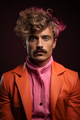 Fototapeta premium Handsome male model with short curly hair and an epic mustache, pink and coral, playful femininity, minimal portrait. 