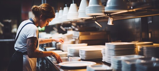 Woman washing dishes in industrial kitchen with blurred background and copy space for text placement - obrazy, fototapety, plakaty