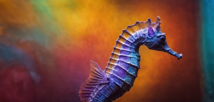  a close up of a sea horse in front of a multicolored background with a rainbow hued sky in the background.
