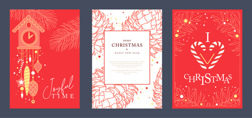 Naklejka premium Set of Christmas holiday greeting cards or covers with christmas desoration. Vector illustration
