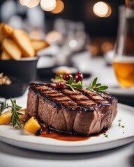 Fototapeta na wymiar perfectly grilled steak on white plate at luxury restaurant, bright background