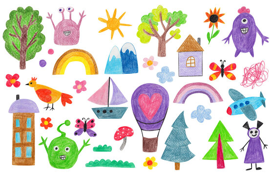 Happy childhood drawn by hand with colored pencils. Rainbow, plane, house, butterflies, monsters, flowers