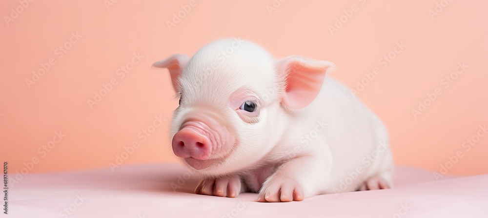 Poster styled and happy pig isolated on solid pastel background with copy space for text placement