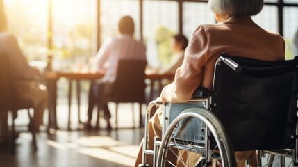 Woman and nurse with patient on wheelchair for elderly care, support or trust at elderly home