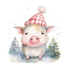 Watercolor Cute pig character in a red hat. Symbol of the year 2031. Postcard. Christmas, New Year. Print on a white background. Chinese New Year