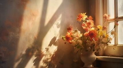 A burst of wall flowers near a window, the sunlight enhancing their natural glow against the interior wall.