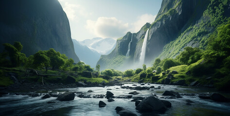 nature landscape with waterfall and green mountain, landscape with mountains and lake, waterfall in...
