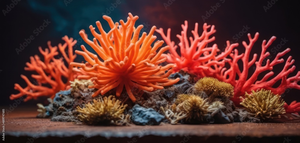 Poster a close up of a bunch of corals on a table with other corals and corals in the background.