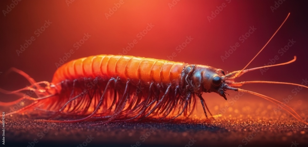 Aufkleber a close up of a red house centipede on a red background it is an insect, with its many legs and ante