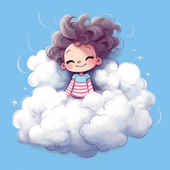 Cute sleepy girl wrapping in furry cloud, pencil drawing
