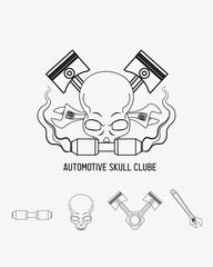 Art Vector of Skull With Piston and Wrench Good For Automotive and Club Motorbike