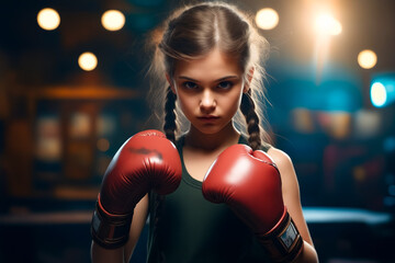 Young girl wearing boxing gloves in boxing ring. - obrazy, fototapety, plakaty