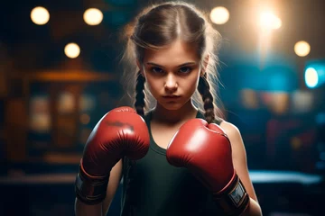 Foto op Plexiglas Young girl wearing boxing gloves in boxing ring. © valentyn640