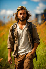 Man with backpack standing in field of tall grass.