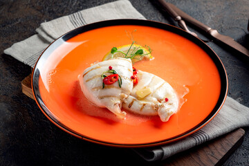 Grilled squid fillet cooked with lemon, pepper and garlic and served on an orange plate
