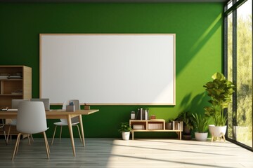 A room with green walls and a white board on the wall. Suitable for educational or office-related themes
