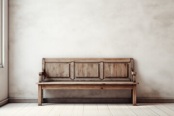 A wooden bench placed in front of a window, providing a cozy and inviting spot to relax. Suitable for home decor or interior design themes