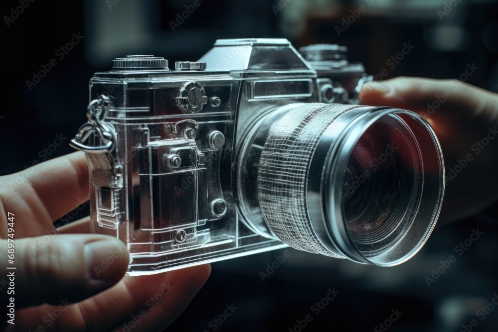 Poster a person holding a camera in their hand. suitable for photography and technology-related projects