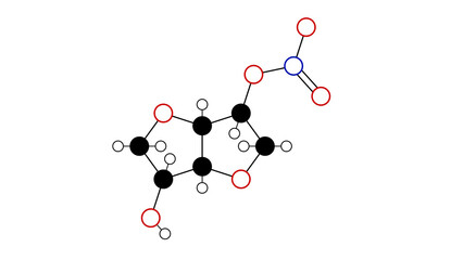 isosorbide mononitrate molecule, structural chemical formula, ball-and-stick model, isolated image nitrates and nitrites