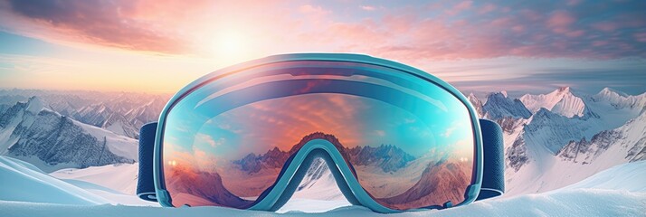 Ski face mask on snow with alps on background. Skiing or snowboarding goggles with mountains reflection Winter sporting activity equipment. Sport winter landscape for banner, poster, card - obrazy, fototapety, plakaty