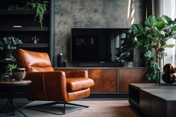 A cozy living room featuring a comfortable leather chair and a television. Perfect for home decor or interior design projects - obrazy, fototapety, plakaty