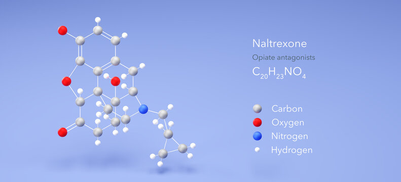 naltrexone molecule, molecular structures, opiate antagonists, 3d model, Structural Chemical Formula and Atoms with Color Coding