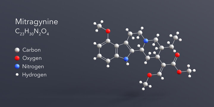 mitragynine molecule 3d rendering, flat molecular structure with chemical formula and atoms color coding