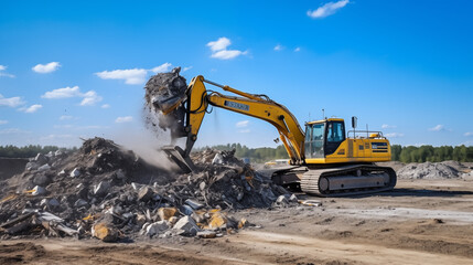 Concrete Recycling and asphalt from demolition. Excavator at landfill the load concrete waste in a mobile jaw crusher machine. Disposal of construction waste. Re-use concrete after