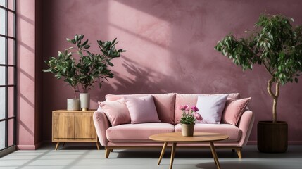 A stylish Scandinavian-inspired living room where a pink velvet loveseat sofa takes center stage, complemented by a wooden cabinet and a vibrant potted houseplant.