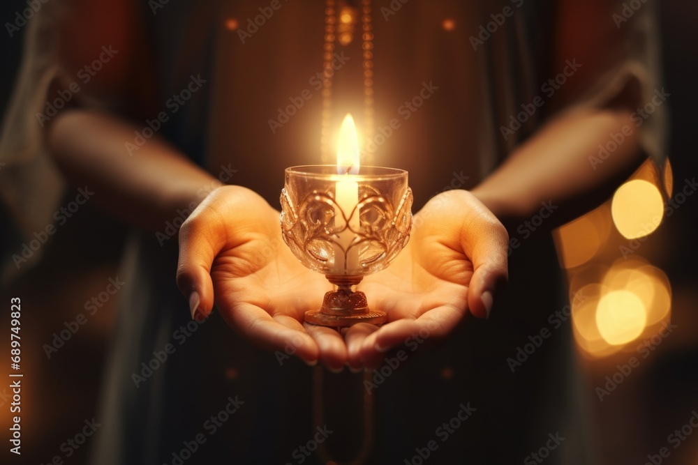 Poster a person holding a lit candle in their hands. this image can be used to depict various themes such a
