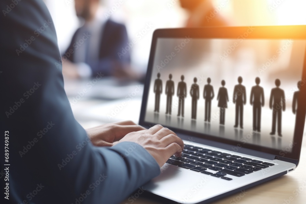 Poster A person is seen typing on a laptop while a group of people is displayed on the screen. This image can be used to represent virtual meetings, remote work, or online collaboration