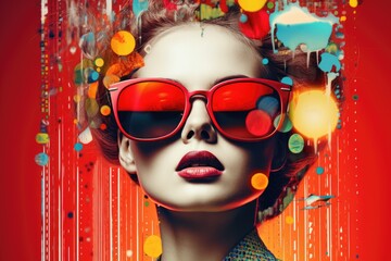 A woman wearing red sunglasses and a vibrant, colorful dress. This image can be used for fashion-related projects or to add a pop of color to any design