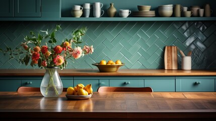 A charming mid-century modern kitchen featuring a wooden dining table set against blue kitchen cabinets with a wooden countertop. - obrazy, fototapety, plakaty