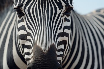 A detailed close-up view of a zebra's face. Perfect for nature enthusiasts and animal lovers