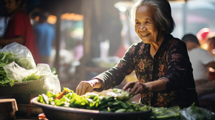 copy space, stockphoto, Elderly asian lady shopping on the food market. Buying food on local markets. Reducing ecological food-print. Retired asian woman on a food market with fresh fruit and vegetabl