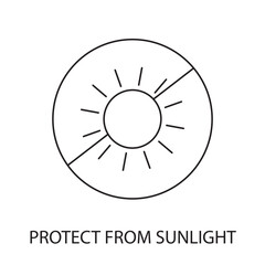 Keep away from sunlight vector line icon for food packaging, illustration of sun in crossed out circle
