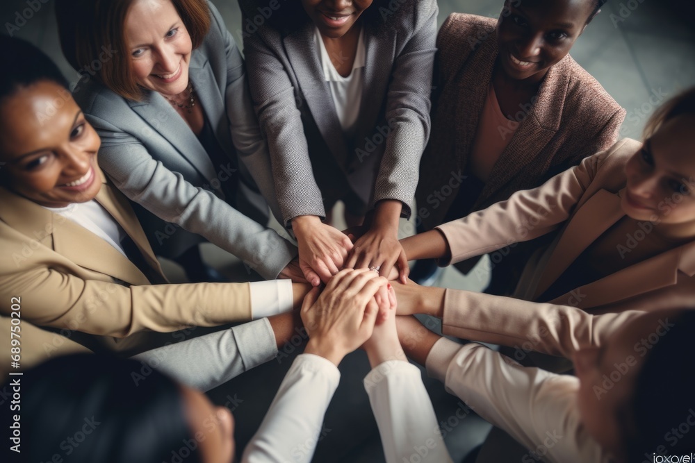 Poster a group of business people coming together and putting their hands together in a show of unity and t