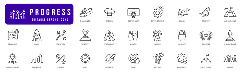 Progress icon set. Gain, improvement, growth, chart, increase, development etc