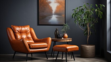 A cozy corner in a well-designed space, showcasing a dark orange leather chair and a complementary table against a solid mockup wall.