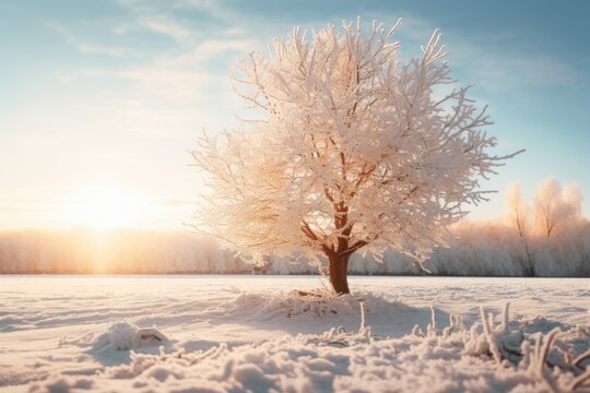 A picture of a snow covered tree in a snowy field. Perfect for winter landscapes and nature scenes
