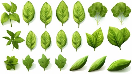 Set of high detailed fresh green basil leaves in herb garden, isolated on white background