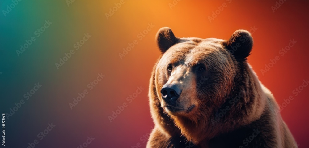 Poster a brown bear standing in front of a multicolored background with a blurry image of it's face.