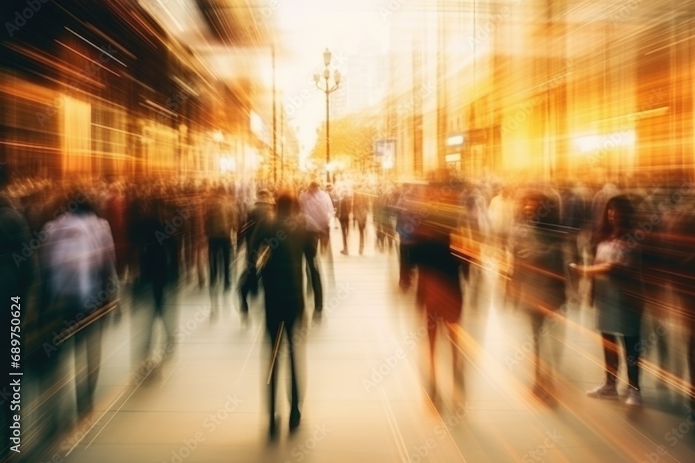 Poster blurry image of people walking down a street. suitable for various applications