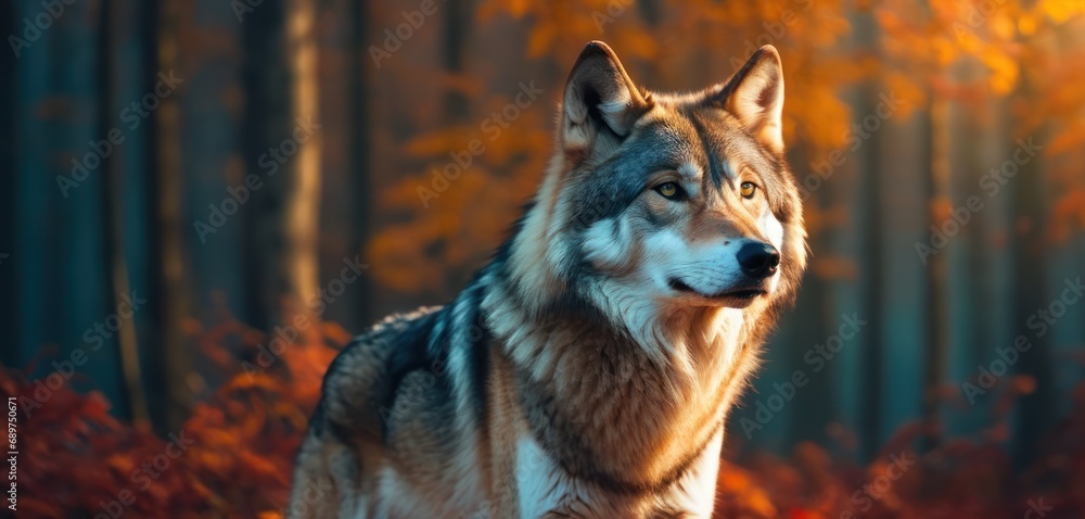 Poster a wolf standing in front of a forest filled with red and yellow leaves on a sunny day with trees in 